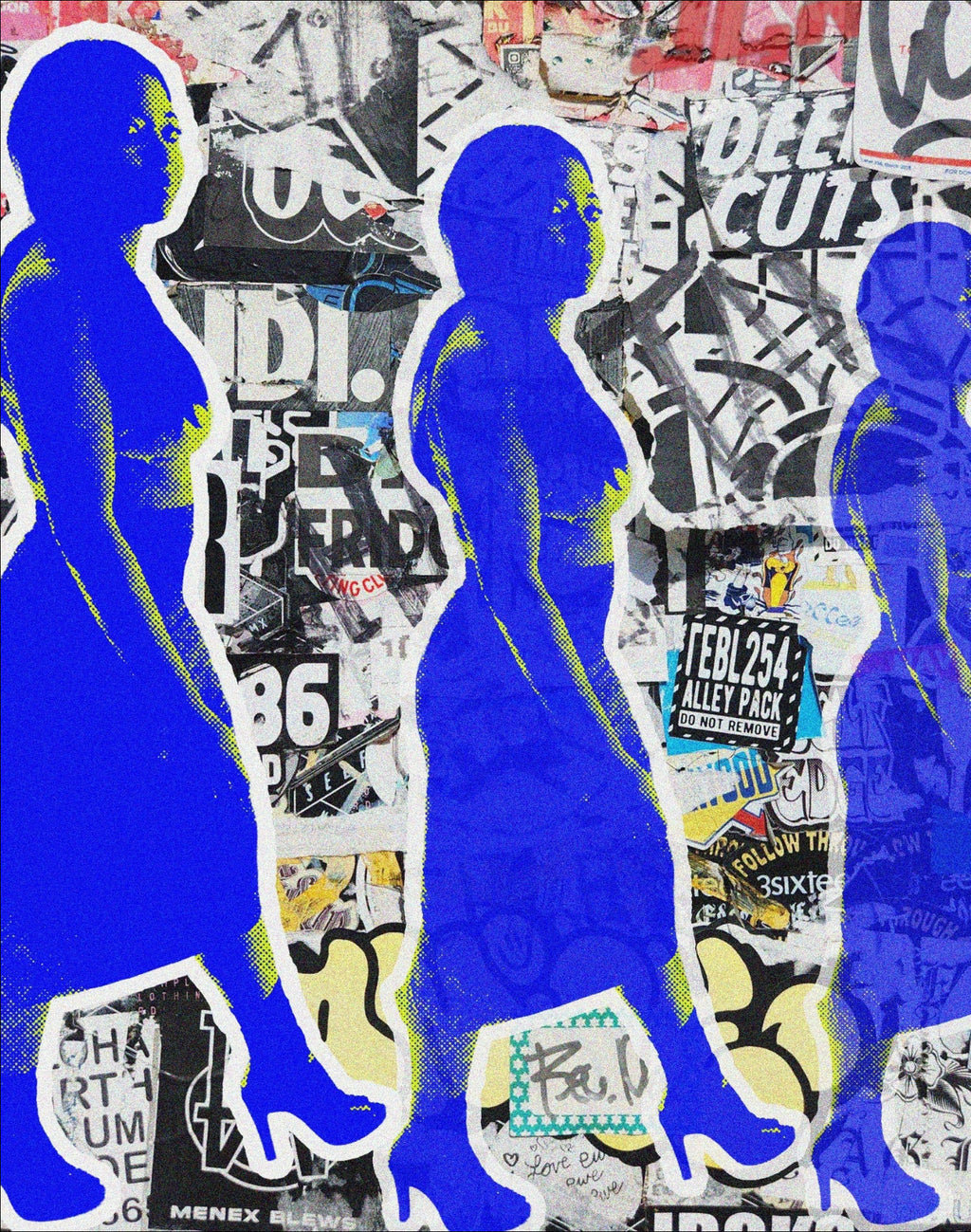 A collage-style graphic with three blue human silhouettes walking left against a busy street-sticker background in black, white, red, and yellow.