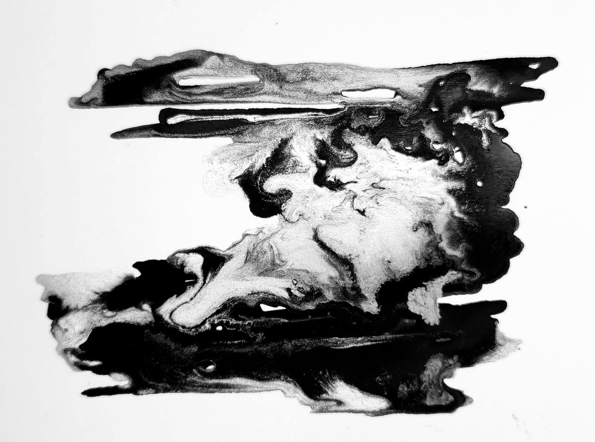 Black and white abstract art with organic shapes on a white background