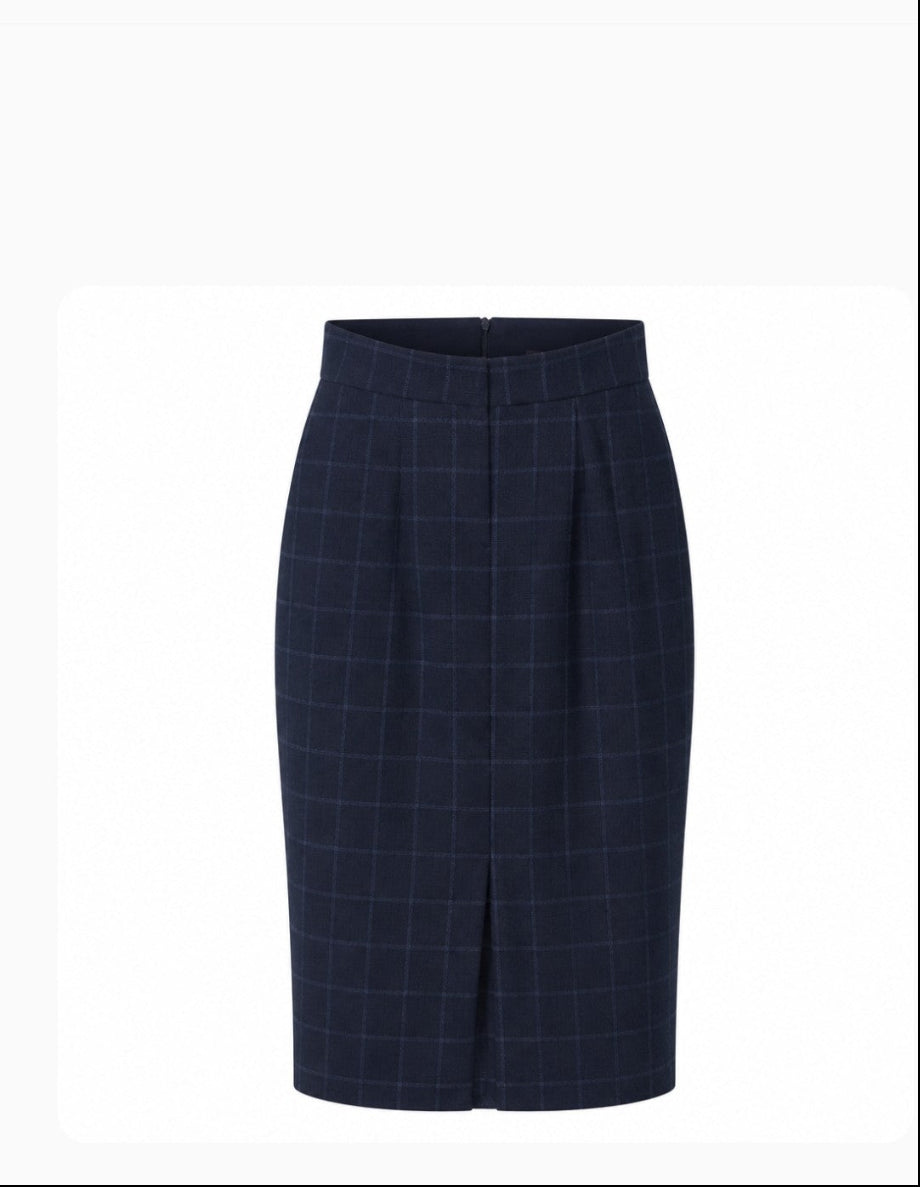 A navy blue knee-length skirt with a subtle windowpane plaid pattern, shown against a plain white background.
