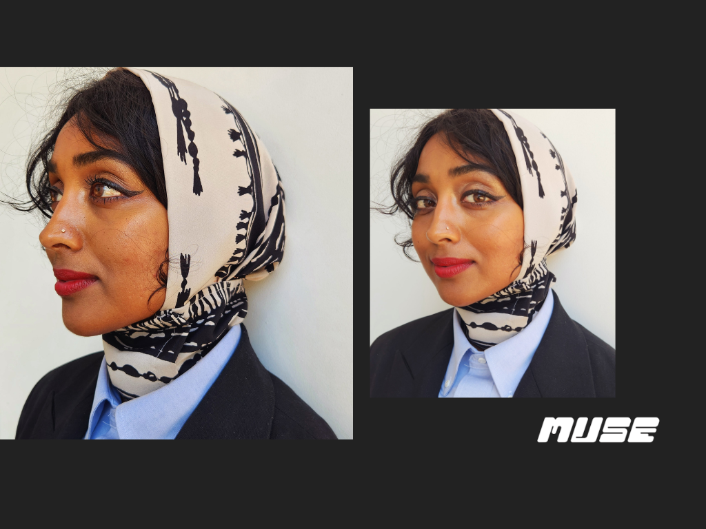A split-view lifestyle image showing a woman wearing a black and off-white patterned hijab, styled with a light blue collared shirt and a dark blazer. The image features two portrait angles on a dark gray background with the brand name 'MUSE' in white text in the bottom right corner.