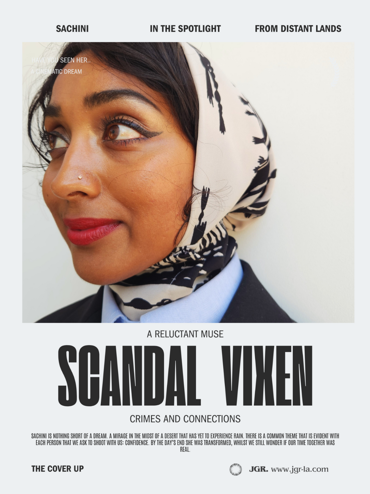 A book or magazine cover design featuring a close-up portrait of a woman wearing a black-and-white patterned headscarf, dark hair, red lipstick, a light blue collared shirt, and a dark blazer. Large black title text reads 'SCANDAL VIXEN' with smaller subtitle 'CRIMES AND CONNECTIONS.
