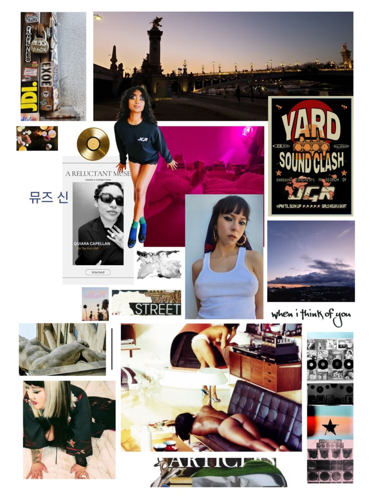 A collage-style music-themed visual board featuring multiple photos, album art, posters, and text elements, including a woman in a white tank top, a pink-lit stage scene, a record label poster reading 'YARD SOUND CLASH JCK', and several smaller lifestyle and editorial images arranged on a light gray background.