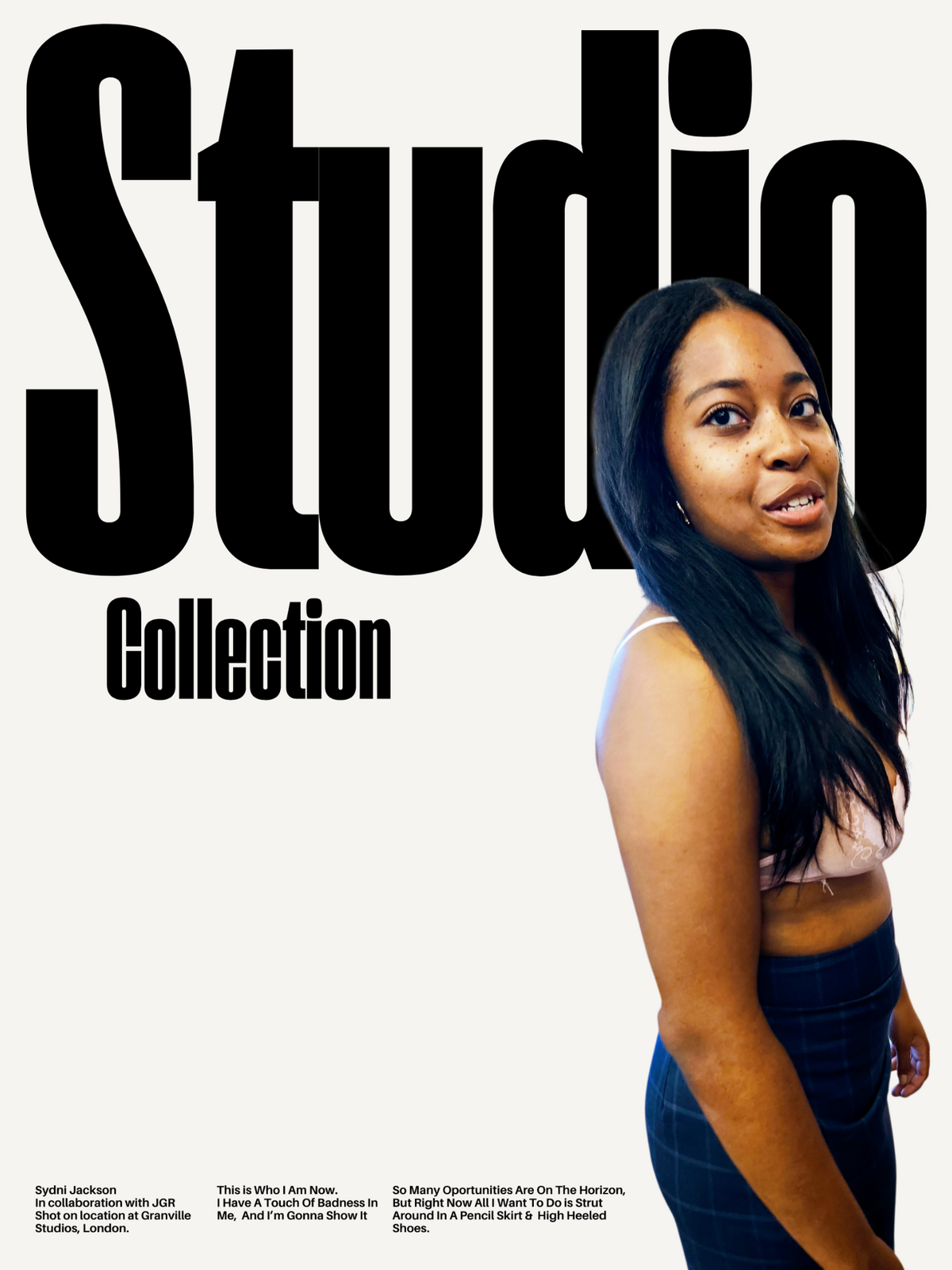 A promotional graphic for the 'Studio Collection' featuring a woman with long dark hair on the right side, set against a plain white background with large black typography.
